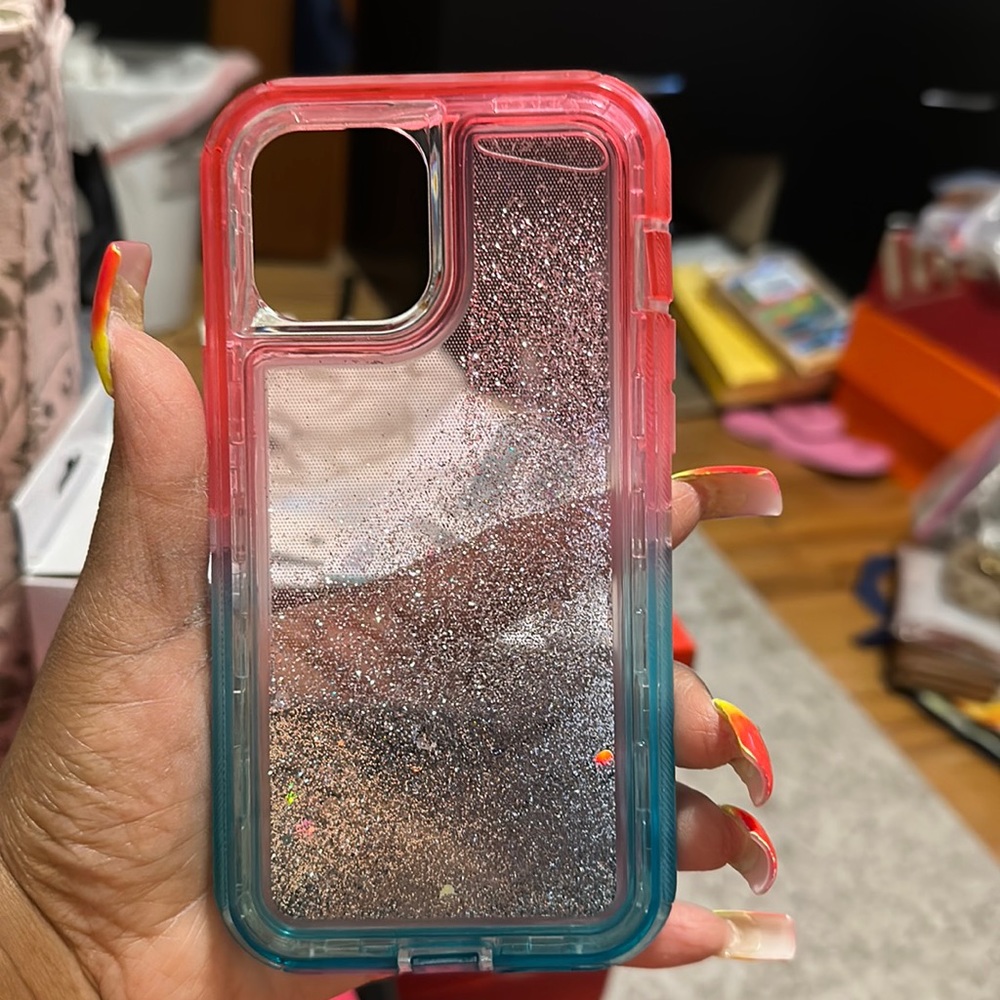 Pink and turquoise iPhone 12 Pro Maxx glitter case never used